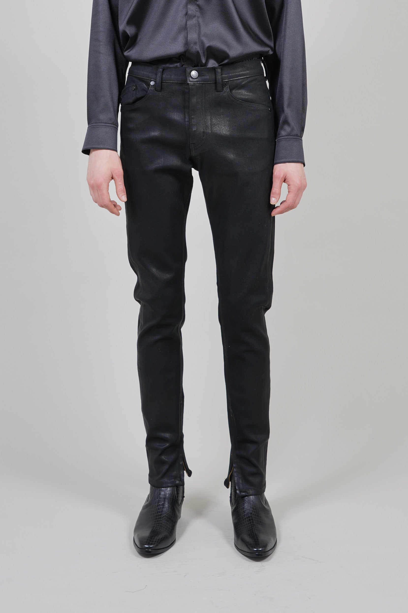 裾ジップ スリット ストレッチ デニムパンツ BLACK | GALAABEND